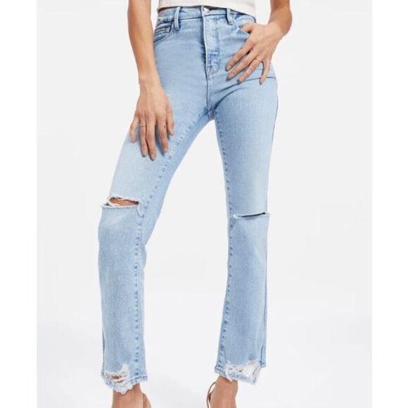 NWT Good American Good Curve Straight Jeans Light Wash Distressed Size 6 / 28 - Picture 1 of 13